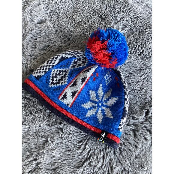 Smartwool Children Snowflake Beanie Hat Pom Pom Merino Wool Blend L/XL Blue - Picture 2 of 9